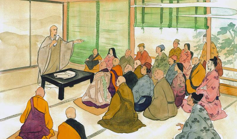 Artistic depiction of Nichiren Daishonin proclaiming Nam-myoho-renge-kyo in 1253